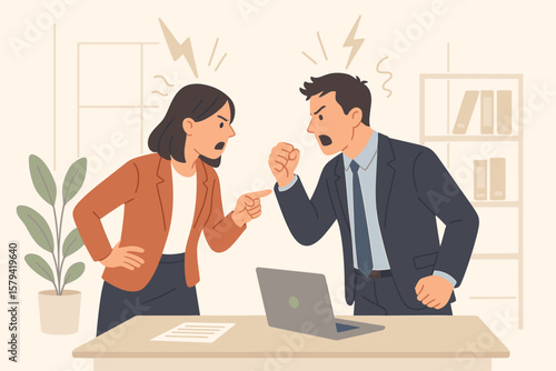 Angry office colleagues in heated argument. Man and woman fighting, shouting in disagreement. Business conflict, work stress, communication problem, toxic environment concept.
