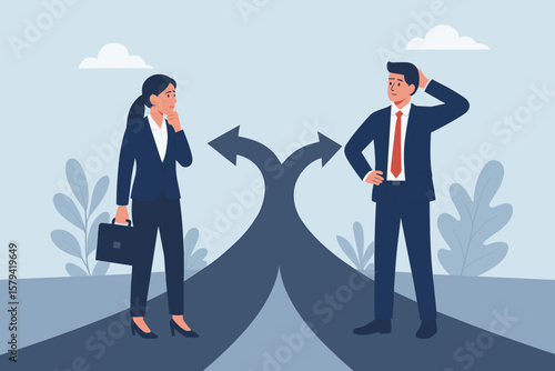 Business people at crossroads making a career path decision. Man and woman choosing direction. Challenge, opportunity, and dilemma concept. Metaphor for strategy and future.