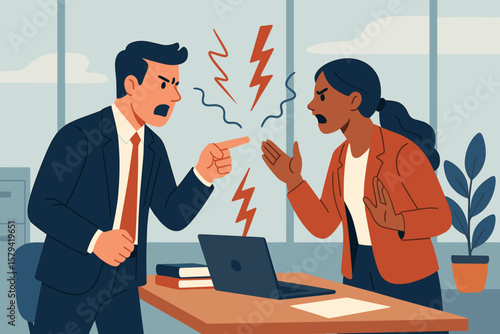 Office dispute vector. Business colleagues conflict. Man and woman arguing. Workplace disagreement problem. Work challenge and argument. Fighting, stress and anxiety concept.