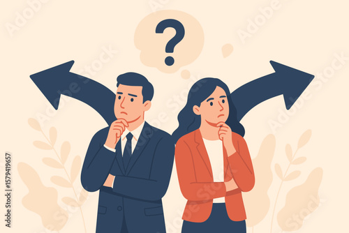 Business people doubt, unsure about career choice. Man and woman thinking, facing dilemma and uncertainty. Concept of confusion, problem solving, and making a decision.