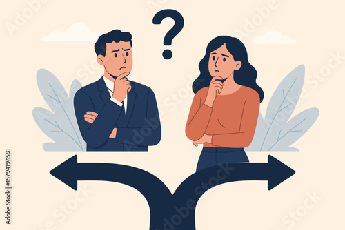 Making a choice, decision making concept. Man and woman at crossroads with question mark. Business team dilemma, doubt or uncertainty. Career opportunity or relationship problem.