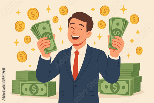 Earn money and profit from investment, savings, income, or salary increase. Get rich and grow wealth concept. Happy businessman millionaire holding cash. Financial success.