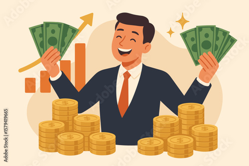 Financial success concept with happy businessman millionaire holding money. Earn profit from investment, savings, or salary increase. Get rich, wealth growth vector illustration.
