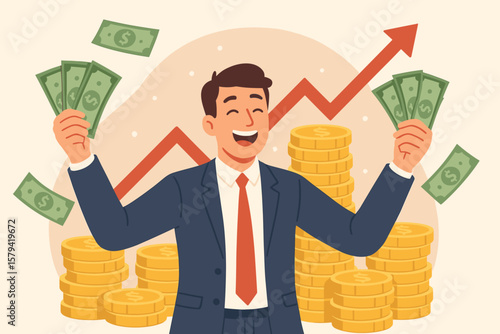 Financial success investment growth concept. Happy businessman character making profit. Salary increase wealth and savings. Rich millionaire with money coins and arrow graph.