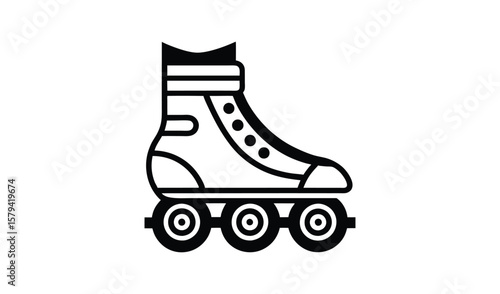 Black and white graphic icon of a roller skate with three wheels