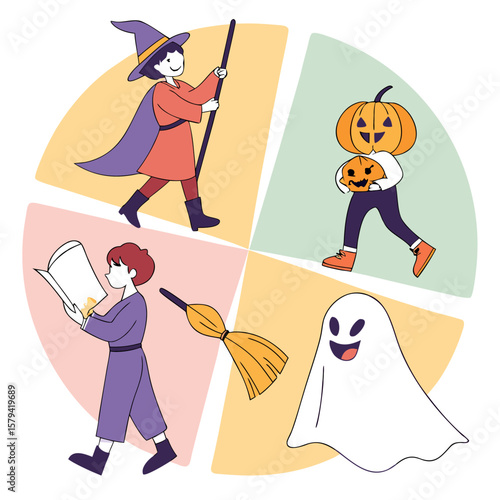 Illustration of halloween characters including a witch pumpkin ghost and reader in a color wheel design