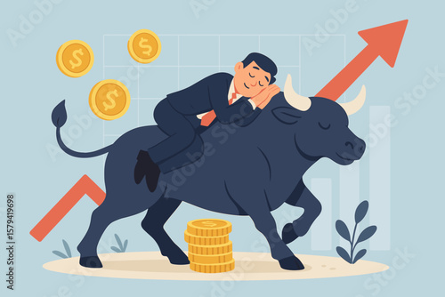Easy money, passive income concept. Businessman sleeping on a bull represents successful investment in a bull market. Earning from stock market, mutual fund or crypto.