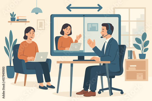 Hybrid work model flexible workplace concept, employee remote work from home or office, business video conference, productivity collaboration, digital communication, teamwork
