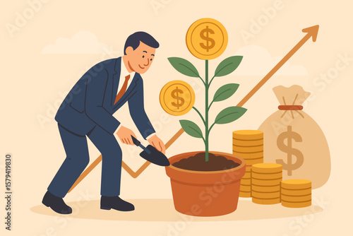 Businessman investor nurturing money plant, financial growth investment, wealth accumulation, pension fund savings, profit from retirement, economic success concept illustration