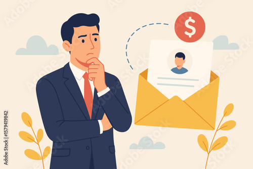Businessman Considering Job Offer Promotion Opportunity, Higher Salary, Recruitment, Human Resources, Employment Decision, Candidate Selection, Career Advancement Concept