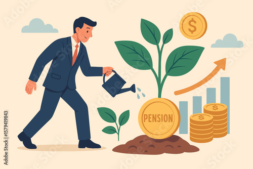 Businessman Investor Growing Pension Fund, Retirement Savings Investment, Financial Growth, Wealth Management, Profit Planning, Money Plant, Economic Success Concept Illustration