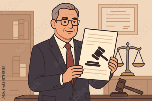 Law and justice concept with mature lawyer holding legal document with gavel symbol. Attorney in professional office showing contract. Court judgment, verdict and approval.