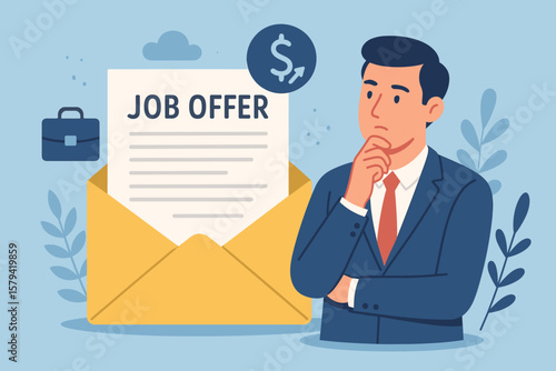 Job offer and career opportunity concept, businessman considering new position for promotion, higher salary, employment, recruitment, human resources decision making