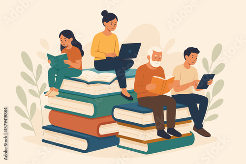 Lifelong learning self study concept, people of different ages reading books, using laptop and tablet, skill development, motivation, education, knowledge growth, continuous improvement