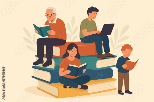 Lifelong learning education concept, people of different ages reading books and studying, self-study motivation, skill development, knowledge growth, multigenerational study