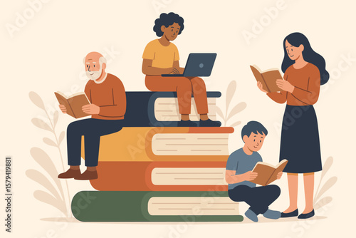 Lifelong learning education concept. Diverse people of different ages reading books, studying, using laptop. Self study, skill development, knowledge growth, continuous learning illustration