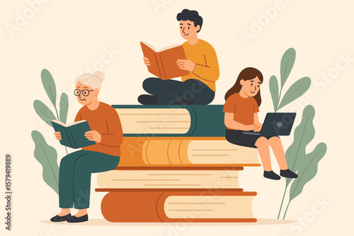 Lifelong learning self study education concept, people of different ages reading books and using laptop, skill development, knowledge improvement, motivation, personal growth