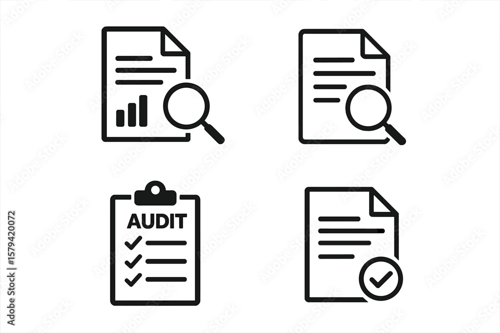 Audit icon set. Business document inspection and financial report analysis. Compliance verification and quality control checklist. Search, research, and data evaluation. Audit icon set. Business document inspection and financial report analysis. Compliance verification and quality control checklist. Search, research, and data evaluation.