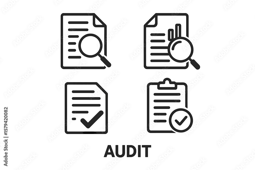 Audit icon set. Financial report review. Business document inspection. Data analysis symbol. Accounting verification. Tax compliance checkmark. Quality control assessment vector. Audit icon set. Financial report review. Business document inspection. Data analysis symbol. Accounting verification. Tax compliance checkmark. Quality control assessment vector.