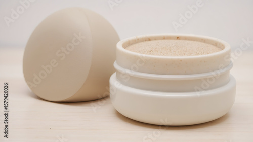 Loose Powder Foundation Jar with Powder Puff, Beige Beauty Product on Wooden Surface, Mockup Still Life