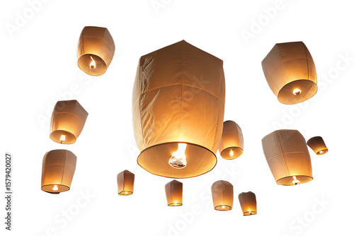 Floating sky lanterns glowing in night sky, symbolizing wishes on AI generated by PNG