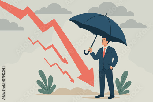 Businessman Holding Umbrella Protecting Against Market Crash, Economic Crisis, Financial Downturn, Resilience, Insurance, Risk Management, Stock Market Decline Concept