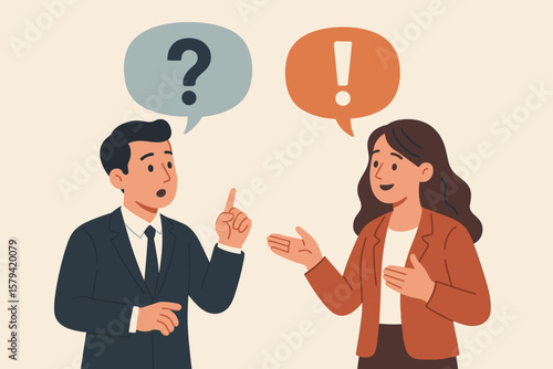 Business communication concept. Male and female colleagues discussing FAQ, problem solving, support, questions and answers. Exclamation and question mark speech bubbles, teamwork.