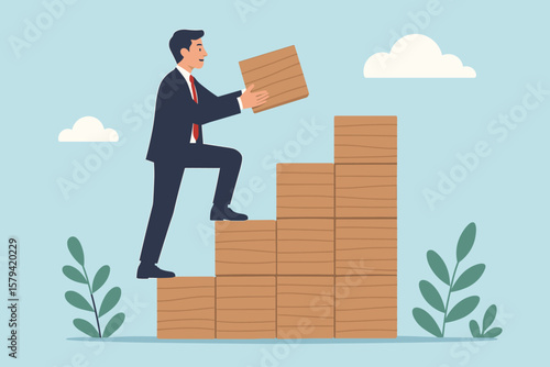 Build ladder of success, develop stair to improve opportunity. Career path or job achievement. Growth step to progress, overcome challenge. Businessman building his future.