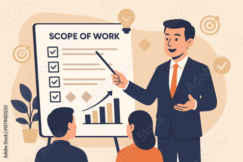 Project management scope of work presentation, business strategy planning, agreement checklist, goals and targets, growth chart, smart manager briefing team concept