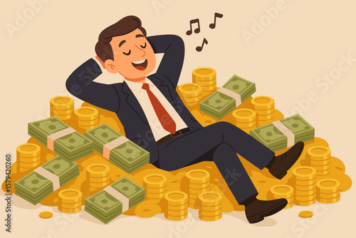 Happy rich businessman relaxing on a pile of money, singing. Financial independence, retire early (FIRE) concept. Successful investor enjoying wealth and profit vector.