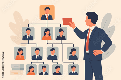 Reorganization concept. Businessman restructures the corporate organization chart. HR manager changing team structure. Business efficiency and workflow optimization. Vector.