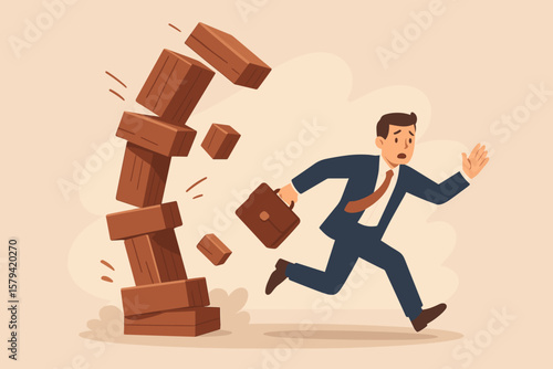 Risk averse businessman running from collapsing blocks, avoiding danger, minimizing risk, escaping uncertainty, safety decision, investment security, stability concept illustration