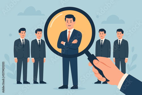Human resources recruitment concept, magnifying glass selecting best candidate, job search, headhunting, talent acquisition, employment hiring, business team selection