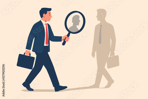 Self assessment and self analysis process concept, businessman walking with briefcase examining shadow with magnifying glass, career planning, personal growth, goal discovery