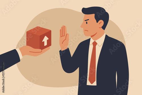 Businessman Refusing Change Concept. Status Quo Bias, Fear of Change, Comfort Zone, Risk Aversion, Conservative Thinking, Decision Resistance, Hand Gesture Denial Illustration
