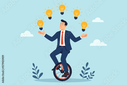 Creativity and ideas for business success. Skillful businessman on unicycle juggling lightbulbs. Innovation, multitasking, and skill metaphor. Modern flat vector concept.