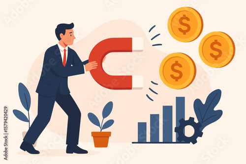 Customer acquisition cost metaphor. Businessman with magnet attracts money. Lead generation, marketing expense, advertising cost, customer retention, conversion rate concept.