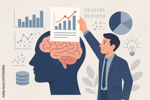 Data analysis and business intelligence concept. Businessman putting growth chart into human head with brain. Metaphor for knowledge, learning, big data, and analytics report.
