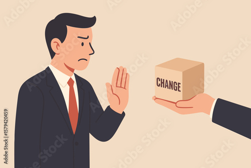 Status quo bias, fear of change, resistance to new ideas, comfort zone, conservative thinking, risk aversion, business decision refusal, rejecting change concept illustration