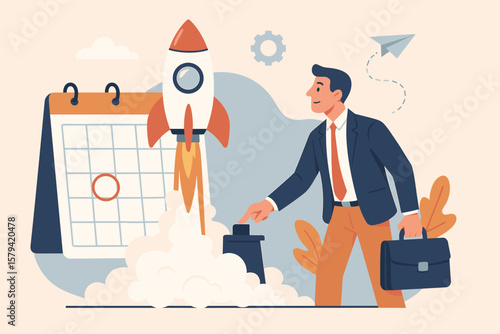 Businessman Launching Startup Rocket, Financial Success Concept, Investment Growth, Wealth Building, Stock Market Returns, Calendar Planning, Innovation, Career Achievement