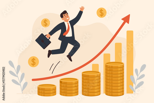 Successful businessman jumping over rising stacks of coins, financial growth, investment profit, wealth accumulation, stock market return, economic success, money increase