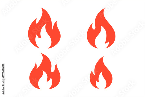 Simple fire flame vector icon set. Red hot burning flames symbol collection. Logo graphic design element. Danger, warning sign. Flat illustration for heat, energy, bonfire.