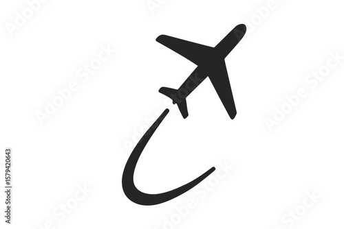 Flying plane with trail symbol. Aeroplane icon with trace path. Airline flight route. Vacation journey tourism concept. Travel logo silhouette. Vector illustration isolated.