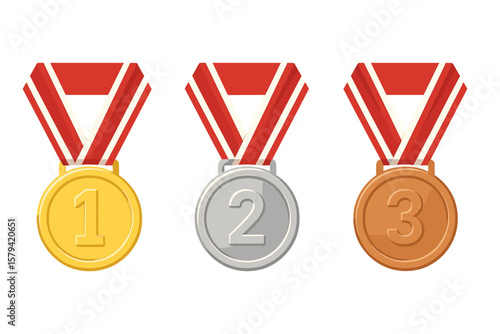 Gold, silver, and bronze medal vector icon set. First, second, and third place winner awards with ribbon for sport competition, game, or achievement. Champion trophy symbol.