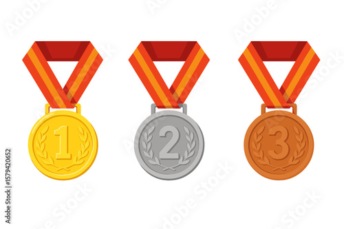Gold, silver, and bronze medals with red ribbons. First, second, and third place winner awards set. Champion prize for victory, success, competition, and achievement.
