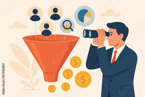 Businessman Analyzing Marketing Funnel, Sales Prospect Discovery, Lead Generation, Martech Analytics Optimization, Customer Data Insights, Conversion Rate Growth Concept