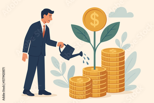 Businessman Investor Watering Money Plant. Mutual Fund, Investment Growth, Wealth Management, Financial Profit, Savings Increase, Pension Fund, Earning, Stack of Coins Concept