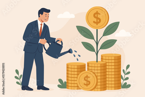 Businessman Investor Watering Money Plant for Wealth Growth, Investment Profit, Financial Success, Savings Increase, Mutual Fund, Pension Fund, Wealth Management Concept