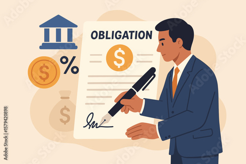Businessman Signing Bank Loan Obligation Document, Debt Repayment Responsibility, Legal Money Borrowing, Interest Rate Agreement, Financial Credit Contract Concept Illustration