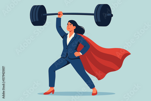 Confident businesswoman superhero lifting heavy barbell, symbolizing female leadership, empowerment, ambition, pride, success, strength, effort, achievement, business champion